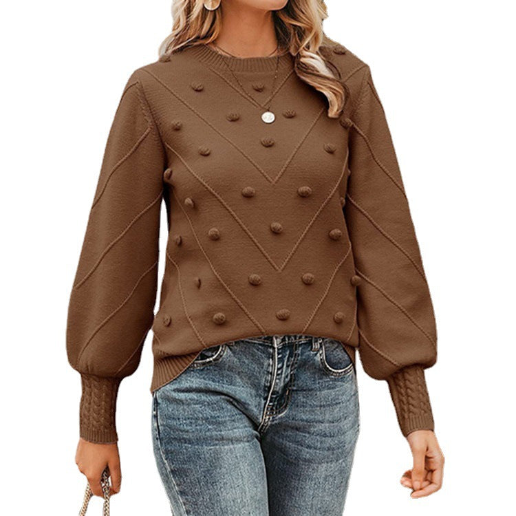 Damen nan gerippter Bobble-Pullover mit Ballonärmeln und Rundhalsausschnitt Drune