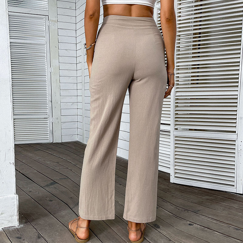 Damen Leichte Leinenoptik-Hose mit hoher Taille und geradem Bein Drune
