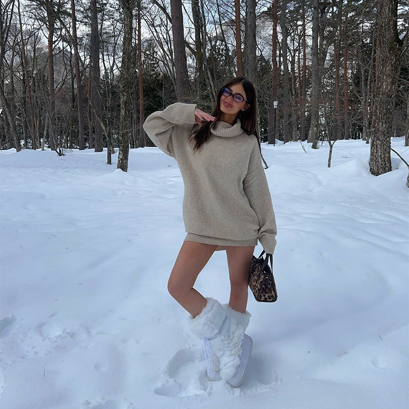 Damen Oversized Strickpullover mit hohem Kragen Drune