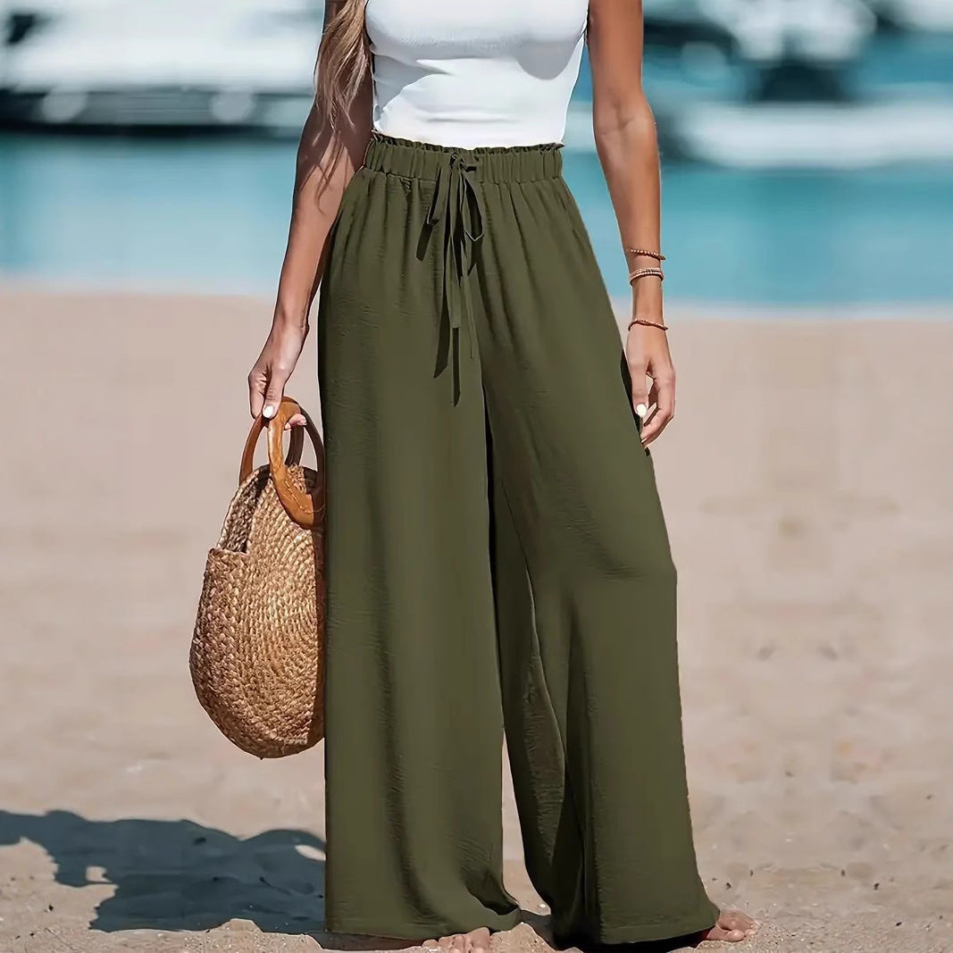 Damen High-Waist Elastischer Bund Weite Beinform Palazzo Strandhose Drune
