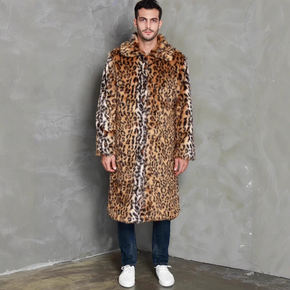Herren Eleganter Kunstfellmantel mit Leopardenmuster und breitem Kragen Drune