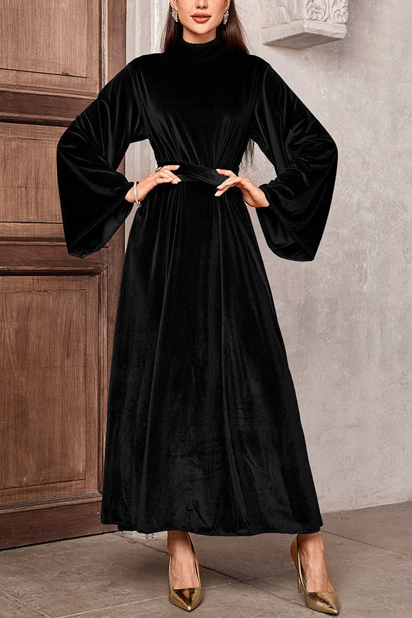 Damen Maxikleid aus Samt mit Stehkragen, weitem Glockenärmel und Taillengürtel Drune