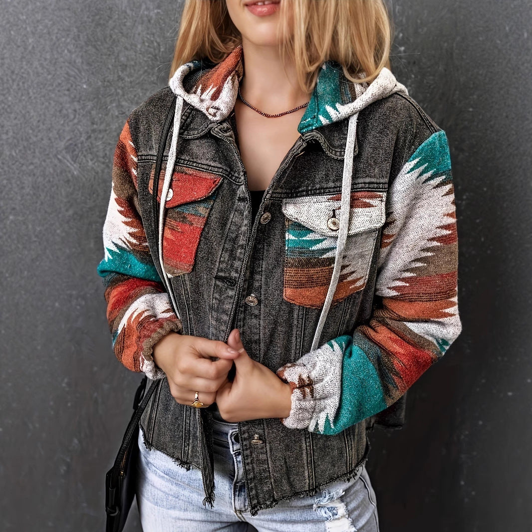 Damen Denimjacke im lässigen Boho-Stil mit Kapuze Drune