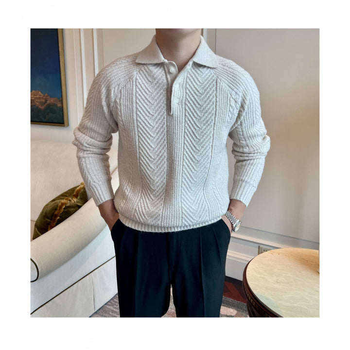 Herren Polokragen-Zopfstrick-Pullover mit halber Knopfleiste Drune