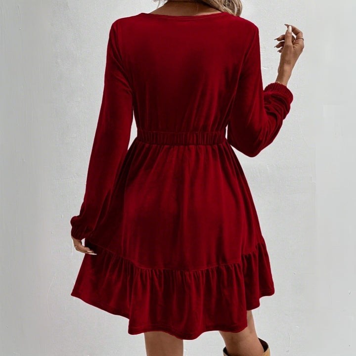 Damen Samt‑Minikleid mit elastischer Taillennaht und stufigem Volantrock Drune