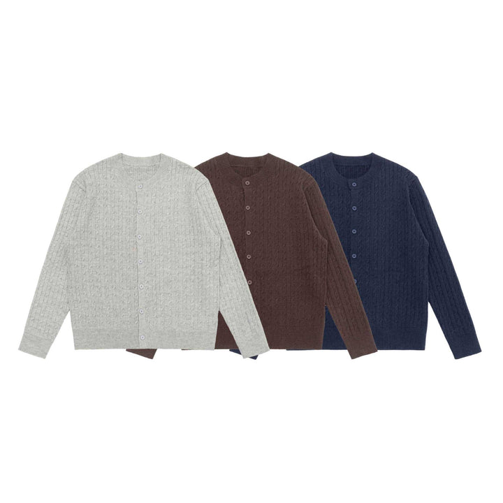 Unisex Feiner Zopfstrick-Cardigan mit Rundhalsausschnitt und Knopfleiste Drune