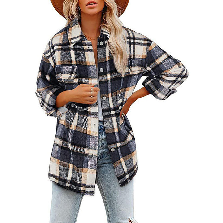 Damen Oversize-Karo-Hemdjacke mit Brusttaschen und weichem Flanell Drune