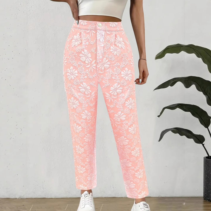 Damen Hochtaillierte Bundfalten‑Hose mit floralem Jacquard und geradem Bein Drune