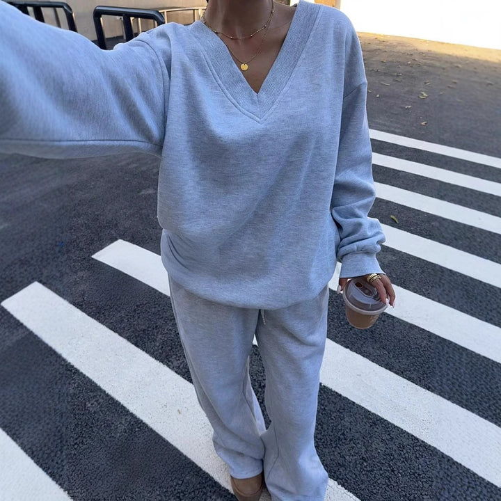 Damen lässiges V-Ausschnitt Sweatshirt und weite Jogginghose Drune