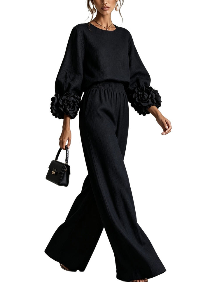 Damen Zweiteiliges Ensemble mit Ballonärmeln und Blumenmanschetten Drune