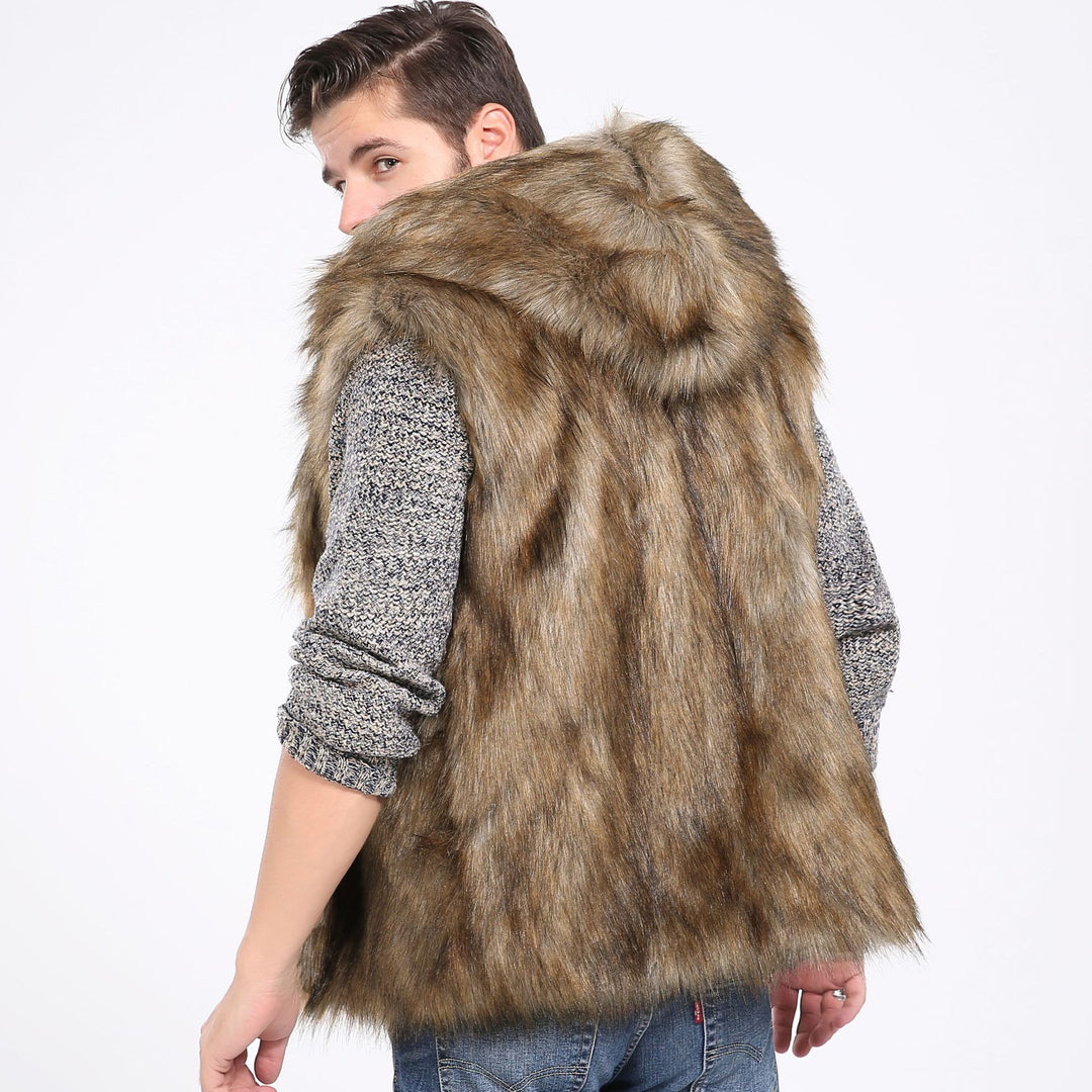 Herren Elegante Kunstpelzjacke mit Kapuze und seitlichen Taschen Drune