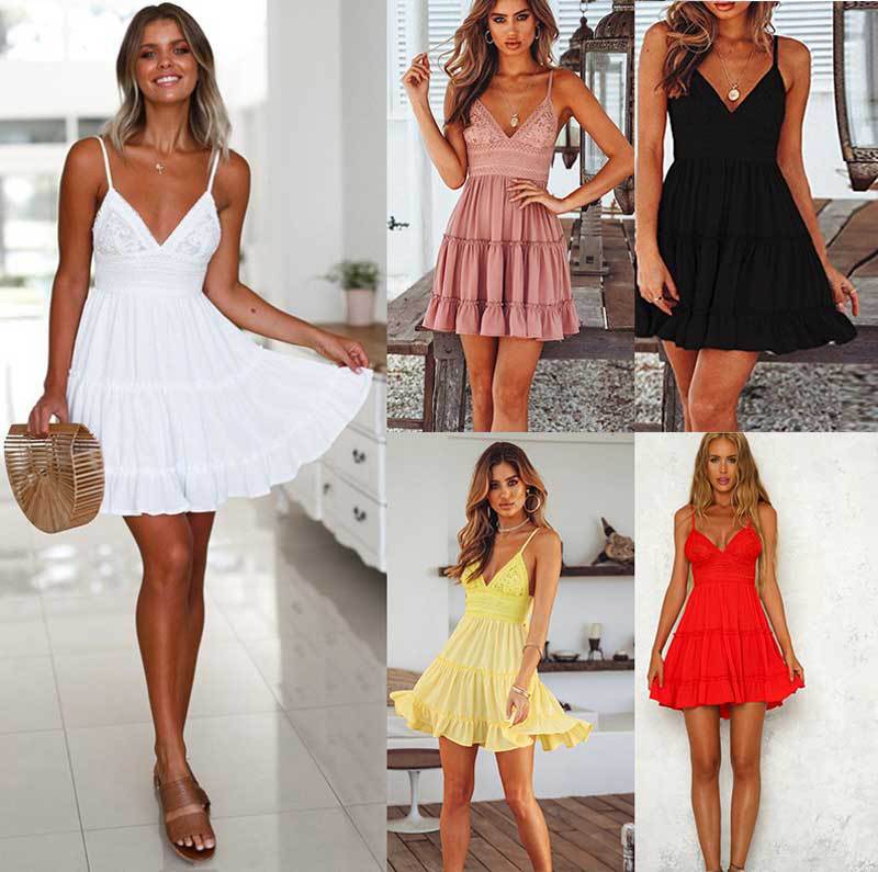 Damen Sommerliches Minikleid mit romantischem Rüschensaum und Spaghettiträgern Drune