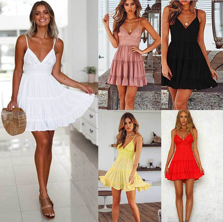 Damen Sommerliches Minikleid mit romantischem Rüschensaum und Spaghettiträgern Drune