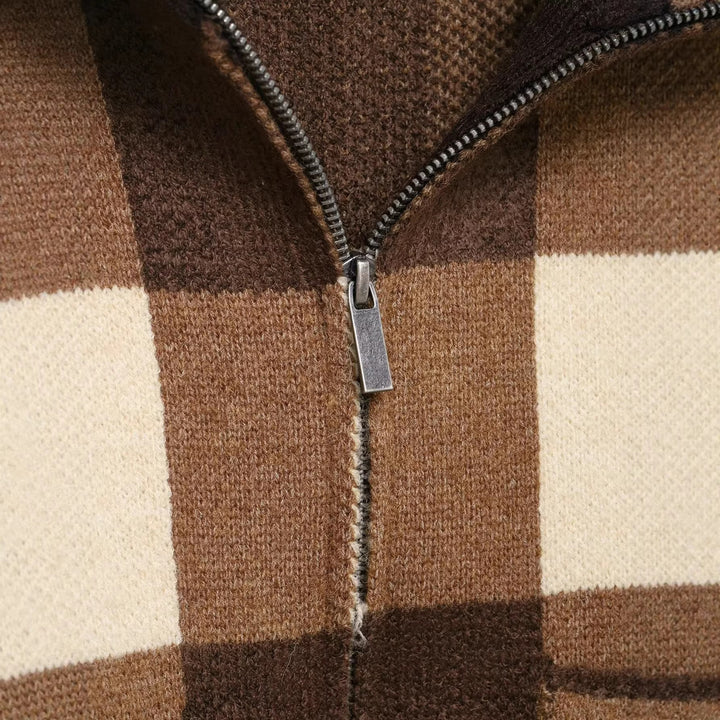 Damen Kariertes Strick-Cropped-Cardigan mit Reißverschluss und breitem Rippenkragen Drune