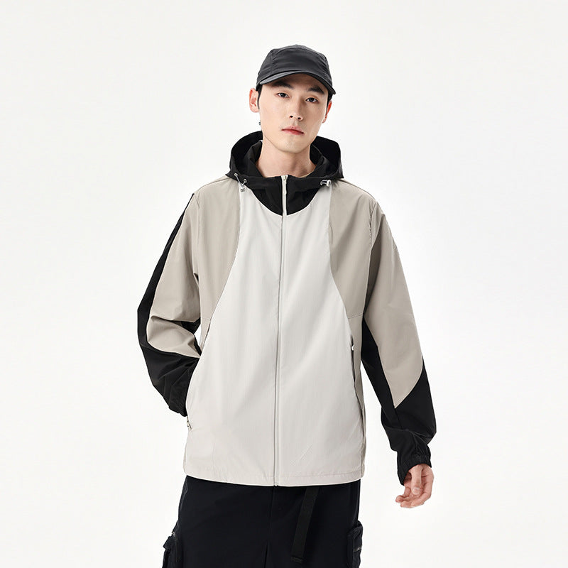 Herren leichte wasserabweisende Farbblock-Windjacke mit Kapuze und Reißverschluss Drune