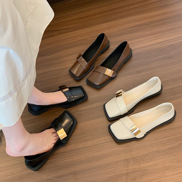 Damen Elegante Loafer mit quadratischer Zehenkappe und goldener Zierplatte Drune