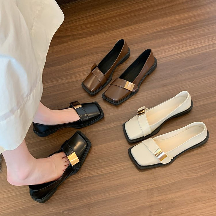 Damen Elegante Loafer mit quadratischer Zehenkappe und goldener Zierplatte Drune