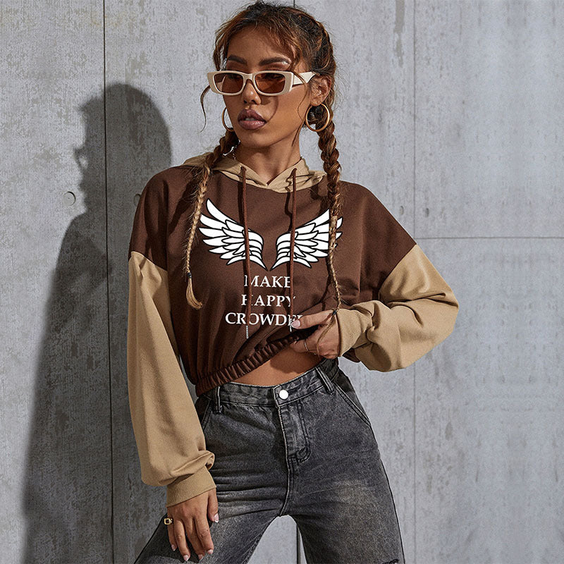 Damen Cropped Hoodie mit Kontrastärmeln, elastischem Saum und schmelzendem Smiley-Print Drune