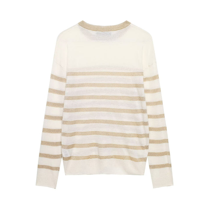 Damen Leichter gestreifter Feinstrickpullover mit Metallic‑Streifen und Rundhalsausschnitt Drune