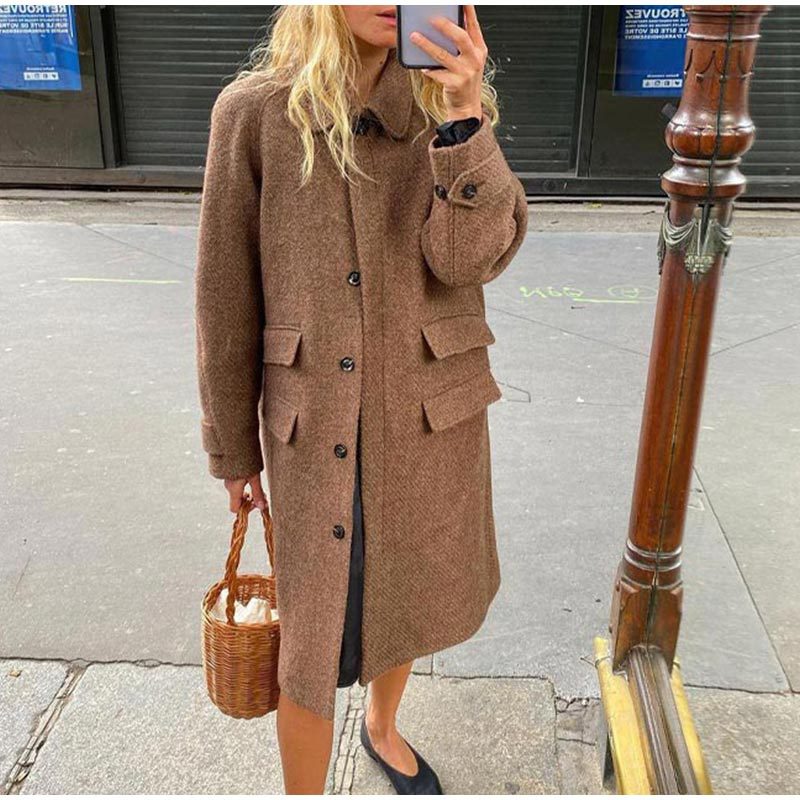 Damen eleganter Wollmantel mit Taschen und kontrastierenden Knöpfen Drune