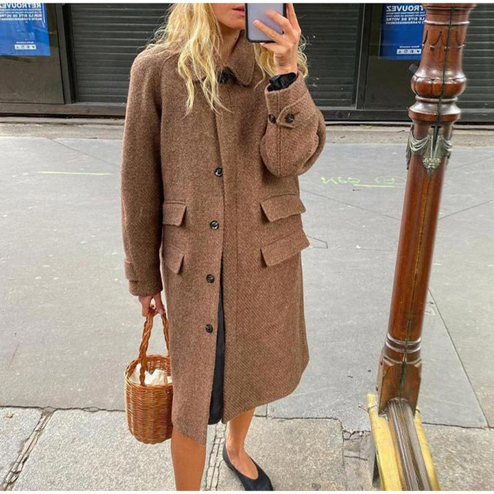 Damen eleganter Wollmantel mit Taschen und kontrastierenden Knöpfen Drune