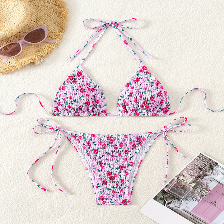 Damen Triangel-Bikini-Set mit verspielter Raffung und hübschem Blumenmuster Drune