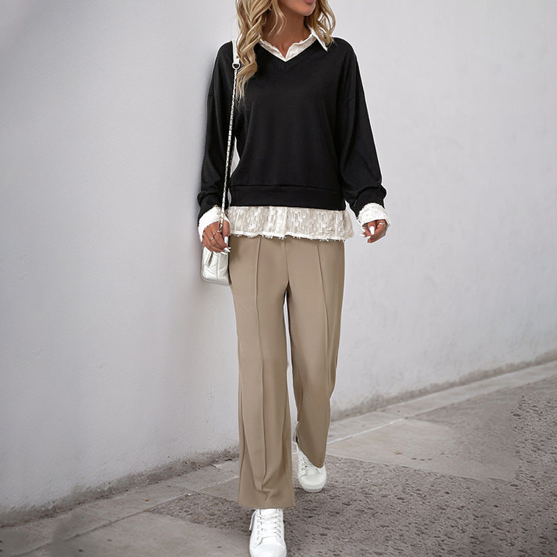 Damen Layered-Feinstrickpullover mit V-Ausschnitt und integriertem Spitzenbluseneinsatz Drune