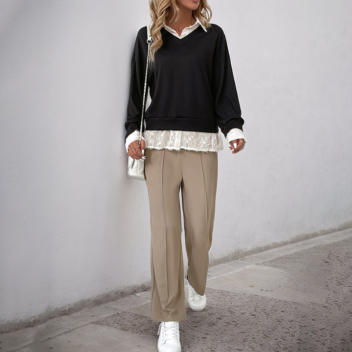 Damen Layered-Feinstrickpullover mit V-Ausschnitt und integriertem Spitzenbluseneinsatz Drune