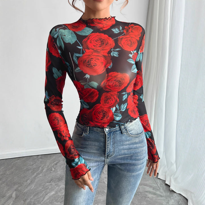 Damen nan figurbetontes Netz-Langarmshirt mit Rosenmotiv, Stehkragen und Wellensaum Drune
