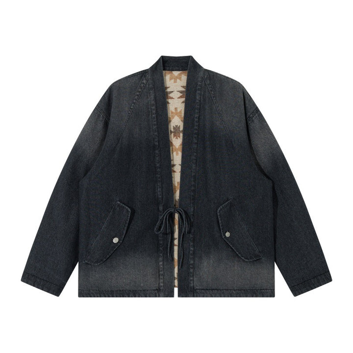 Unisex Jeans-Kimonojacke mit Bindegürtel und gemusterter Futterung Drune