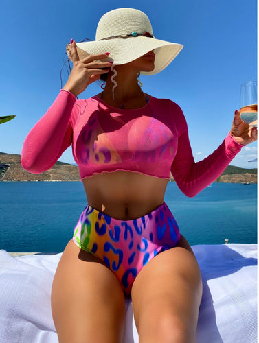 Damen High-Waist Bikini Set mit langärmligem Oberteil Drune