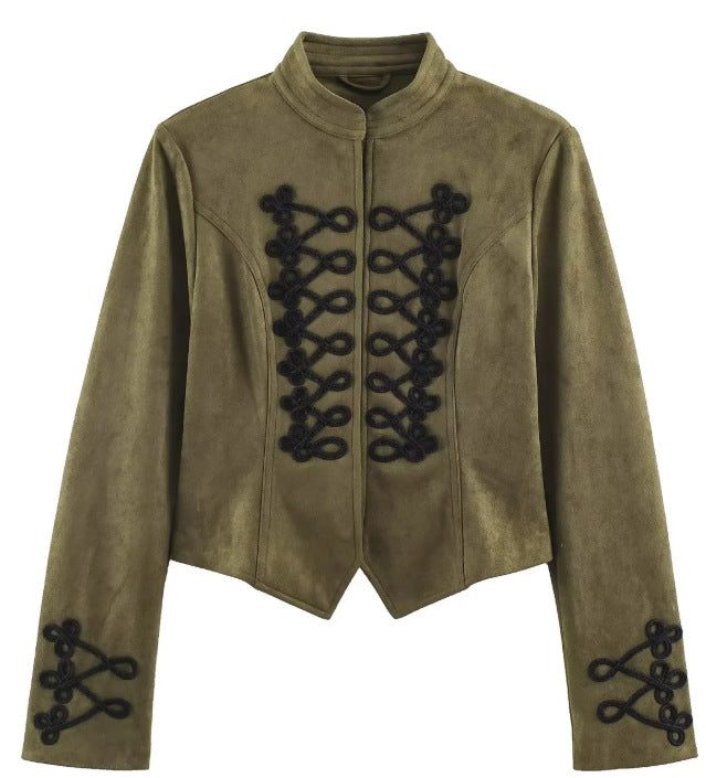 Damen Kurz geschnittene Wildlederjacke im Military‑Look mit Stehkragen und dekorativer Kordelfrosch‑Applikation Drune