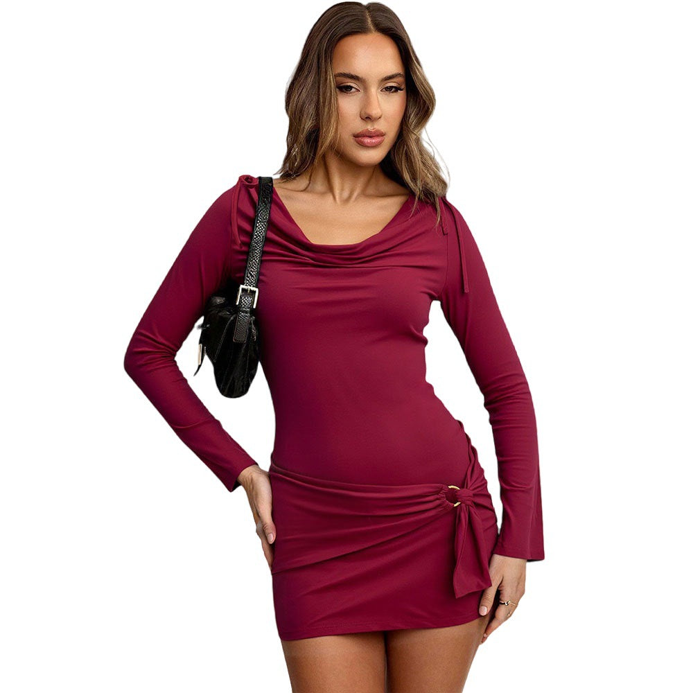 Damen figurbetontes Stretch-Minikleid mit Wasserfallkragen, langen Ärmeln und seitlicher Knotendrapierung Drune