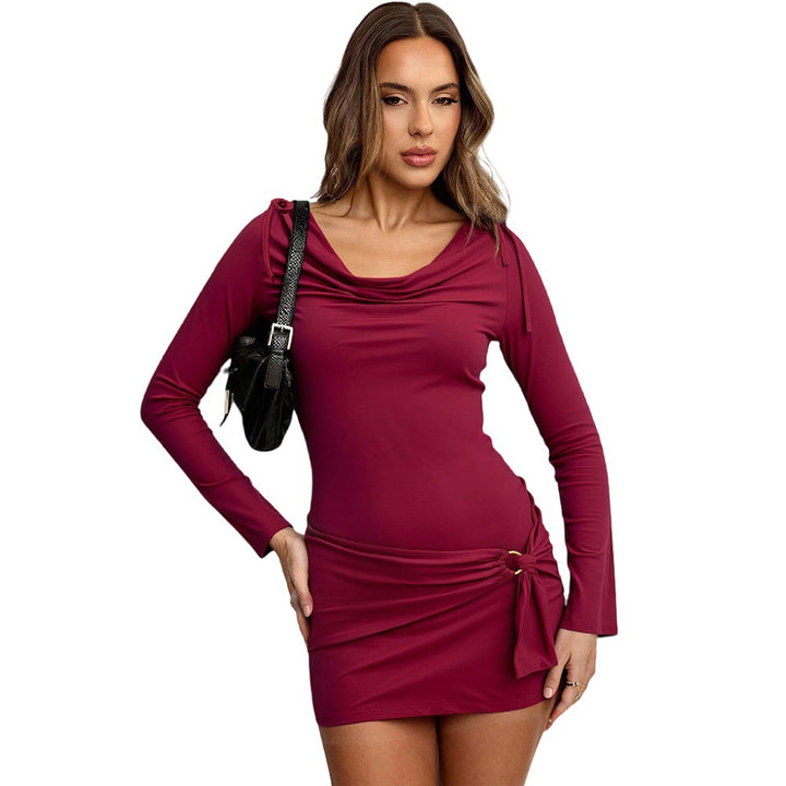 Damen figurbetontes Stretch-Minikleid mit Wasserfallkragen, langen Ärmeln und seitlicher Knotendrapierung Drune