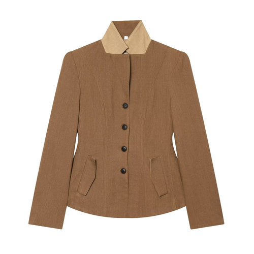 Damen Taillierter Blazer mit Stehkragen figurformenden Abnähern und Pattentaschen Drune