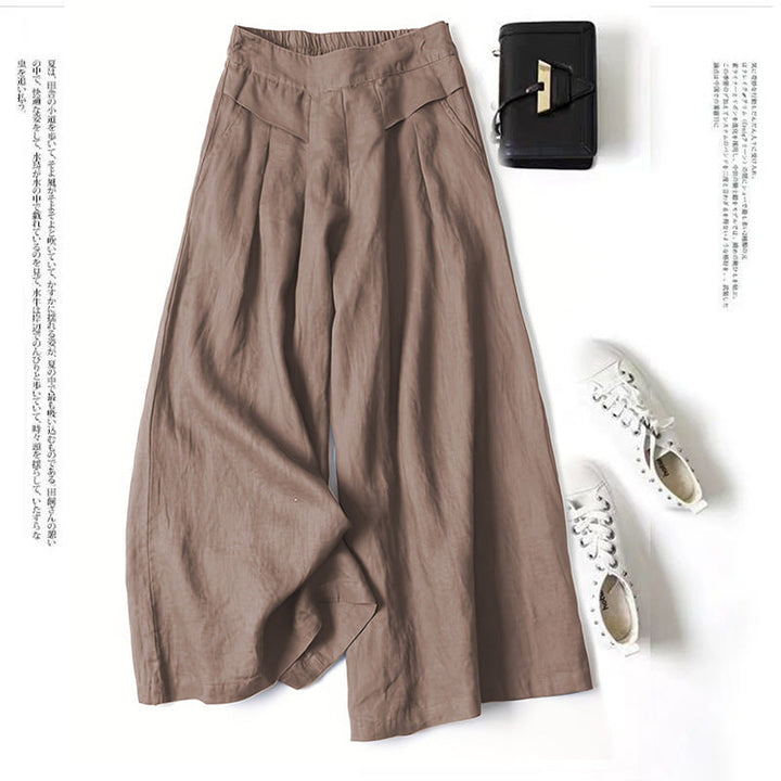 Damen Weit geschnittene Leinenhose mit hohem Bund und eleganten Falten Drune