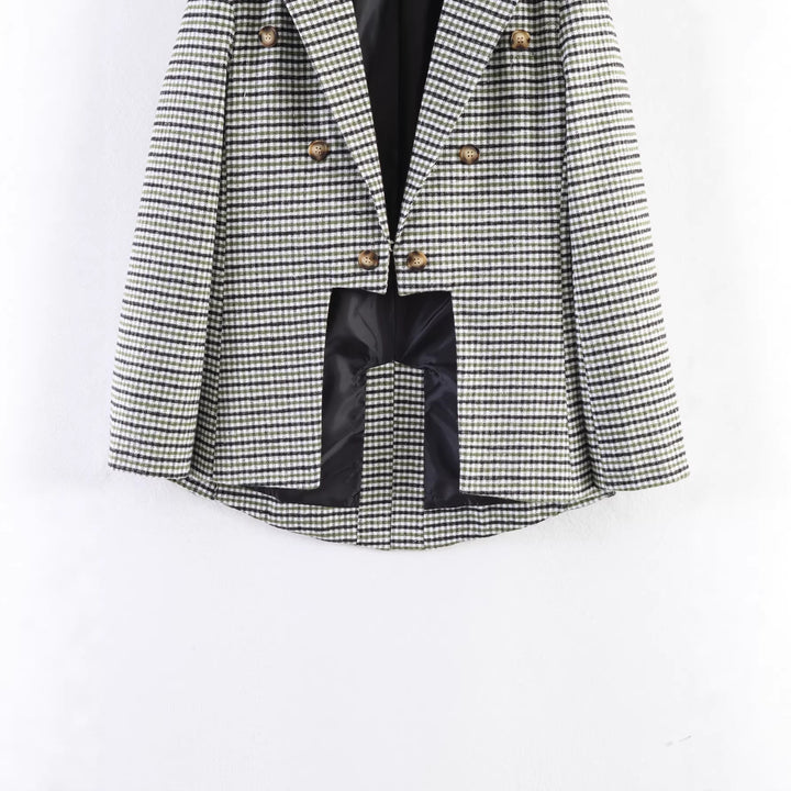 Damen Karo-Blazer mit asymmetrischem Cropped-Vorderteil und Holzknöpfen Drune