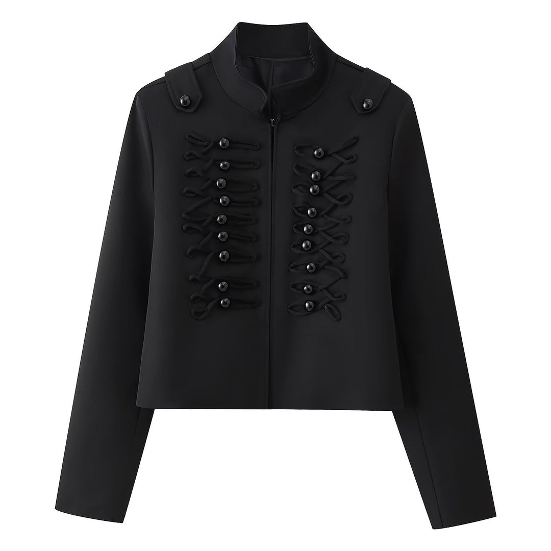 Damen Kurze uniforminspirierte Jacke mit Stehkragen und dekorativen Kordel‑Applikationen Drune