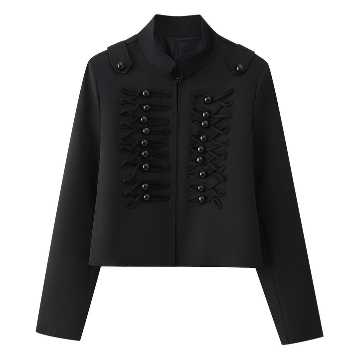 Damen Kurze uniforminspirierte Jacke mit Stehkragen und dekorativen Kordel‑Applikationen Drune