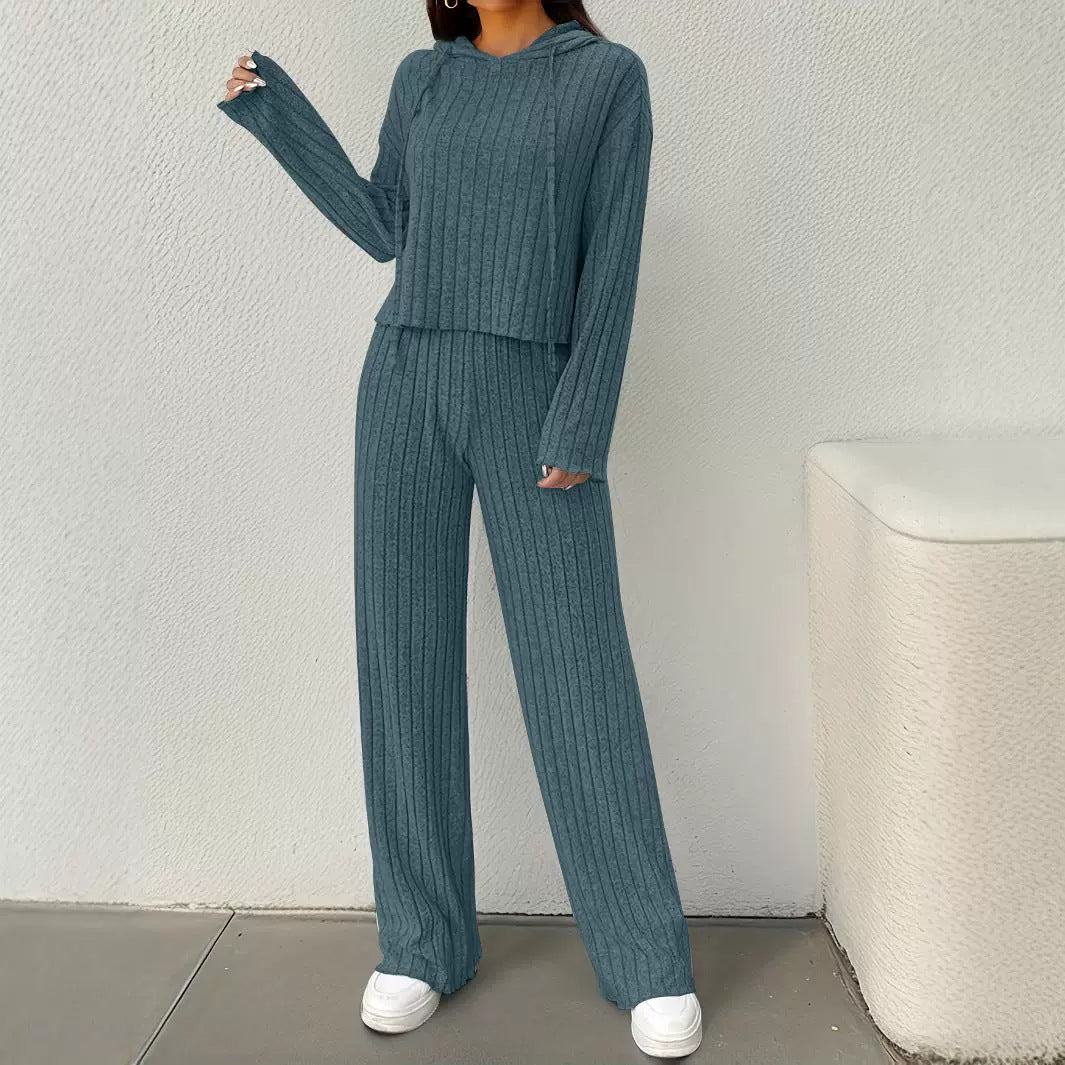 Damen lässiges Strick-Lounge-Set mit Kapuze und weitem Schnitt Drune