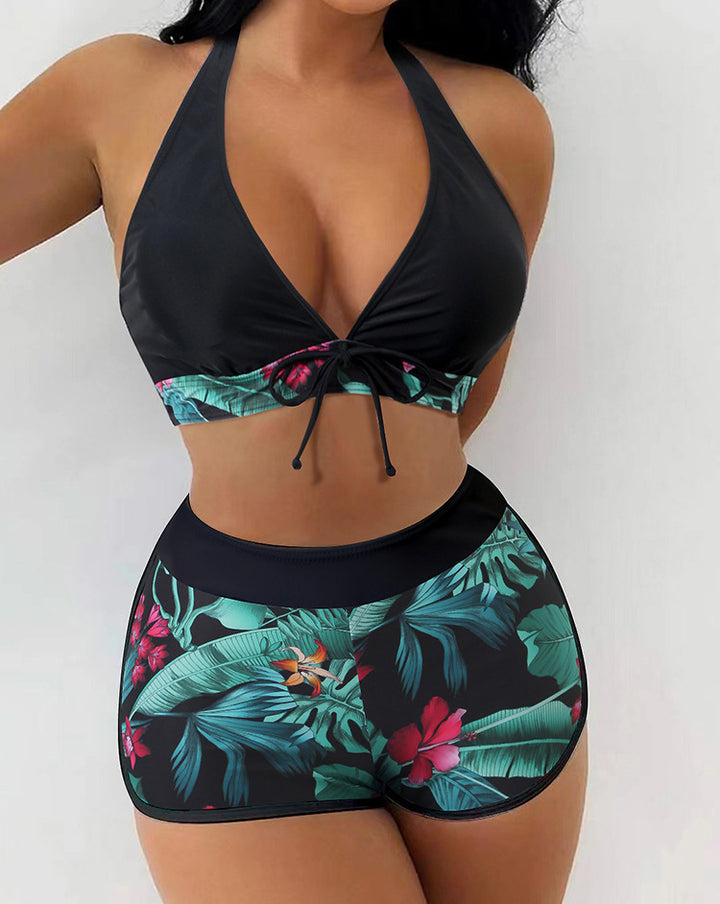Damen Sportliches Bikini-Set mit trendy Hochbund und floralem Muster Drune