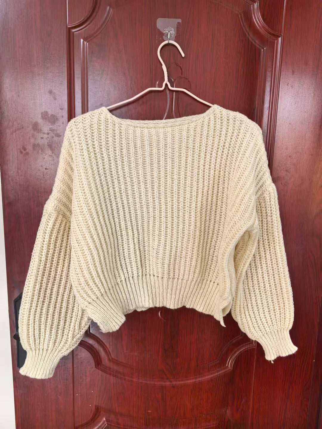 Damen lässiger Strickpullover mit voluminösen Puffärmeln und offener Strickstruktur Drune