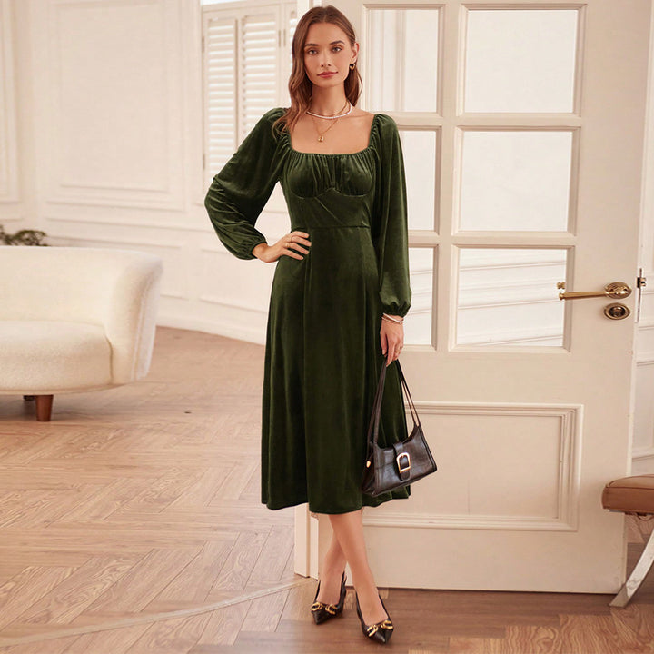 Damen elegantes Samt-Midikleid mit quadratischem Ausschnitt, geraffter Brustpartie und ballonartigen Ärmelabschlüssen Drune