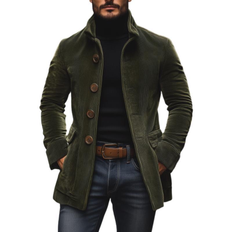 Herren nan taillierter Cordmantel mit Stehkragen, dekorativer Knopfleiste und Eingrifftaschen Drune