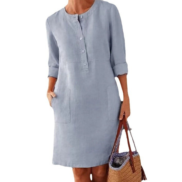 Damen lässiges Leinenkleid mit Knopfleiste und praktischen Taschen Drune