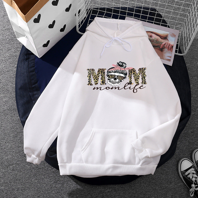 Damen nan Kapuzenpullover mit "Momlife" Skull-Print, Kängurutasche, weichem Fleece-Innenfutter und lockerer Oversize-Passform Drune