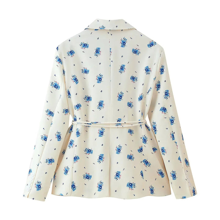 Damen nan floraler Blazerjacke mit Bindegürtel, Pattentaschen und Schalkragen Drune
