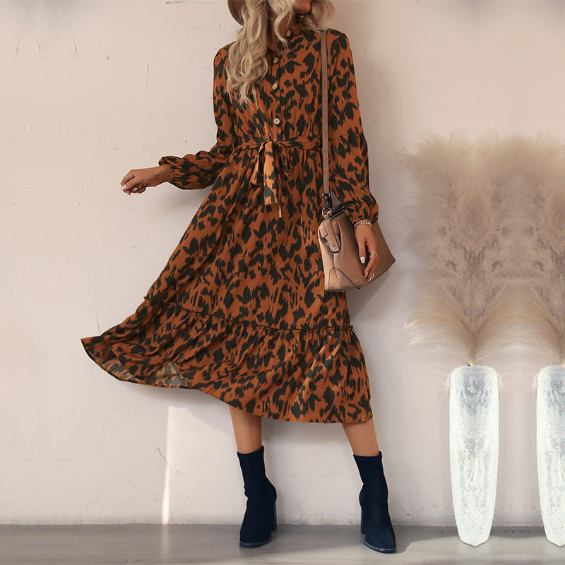 Damen Midi-Kleid mit Gürtel und floralen Akzenten Drune