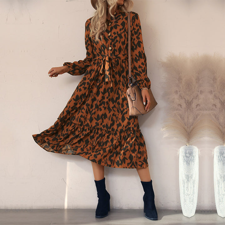 Damen Midi-Kleid mit Gürtel und floralen Akzenten Drune