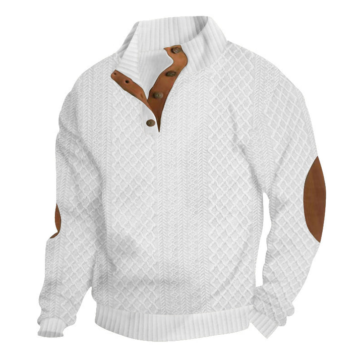 Herren Strukturierter Aran-Strickpullover mit halbem Knopfleistenkragen und Leder-Ellbogenpatches Drune